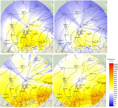 Fig. 11. Result of the statistical correction of the frequencies of occurrence of reﬂectivities (level 3) of the Munich weather radar from2000–2006 (PX data) – top left: uncorrected, top right: adjusted, bottom left: adjusted and altitude correction, bottom right: adjusted, altitudecorrection and correction of clutter and disturbances.
