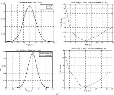 Figure 2. The pdf (a) Cameraman; (b) Lena; (c) Mandrill. of the HH sub-band & detail energy performance for both Gaussian and circular blurring PSF