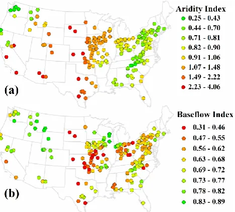 Fig. 1. Distribution of 197 MOPEX catchments and spatial variabil-ity of (a) aridity index (AI) and (b) baseﬂow index (BI).