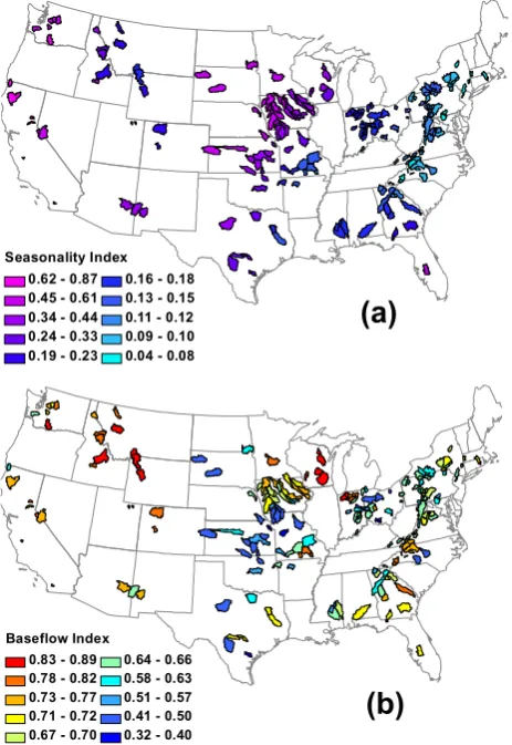 Fig. 1. Spatial patterns of seasonality index (a) and baseﬂow index(b) across the continental US.