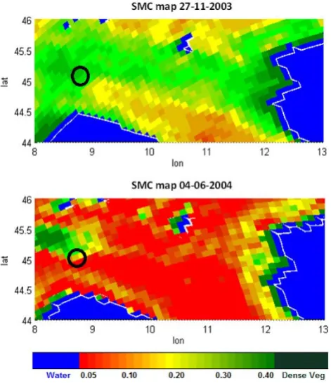 Fig. 11. SMC maps generated by using HydroAlgo in North-ern Italy. Maps were carried out on 27 November 2003 and on4 June 2004