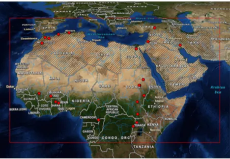 Fig. 1. Spatial domain of the hydrological model (red box). MENAcountries are shaded. Red dots show the location of the GRDC sta-tions used for calibration.