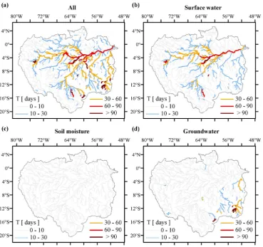 Fig. 4. Spatial distribution ofResults are shown only in rivers reaches with upstream drainage area larger than 3000 km T values considering (a) all, (b) surface water, (c) soil moisture and (d) groundwater model states variables.2.