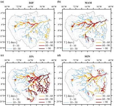 Fig. 5. Spatial distribution ofreaches with upstream drainage area larger than 3000 km T values considering (a) DJF, (b) MAM, (c) JJA and (d) SON time periods