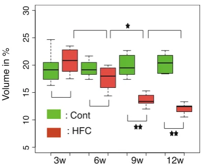 Figure 7. Change of volume ratios of 3D segmentation of sinusoidal networks. The number of stars indicates the statistical level of significance (between Cont9w vs