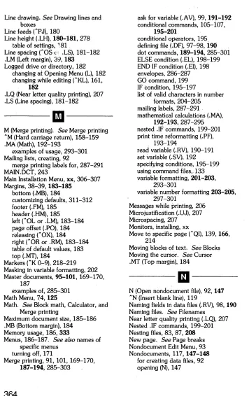 table of settings, 181 Line spacing ("OS .LM . (Y .LS), 181-182 (Left margin), 39, 183 