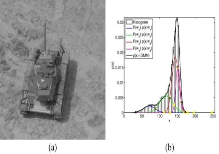 Fig. 1.  (a) Gray-level image and (b) its histogram and GMM fit. 