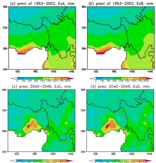 Fig. 4. The spatial distribution of average annual precipitation under the four scenarios