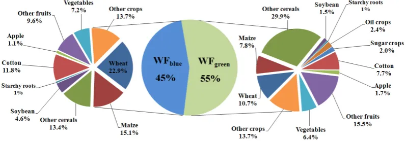 Fig. 3. Blue and green virtual water content (VWC) of crops within the HRB.
