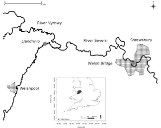 Fig. 1. Schematic map showing the upper River and Vyrnwy tributary which both ﬂow from west to east