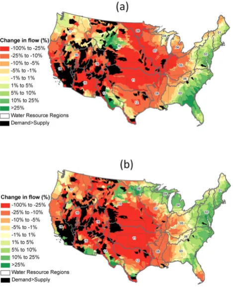 Fig. 7. Impact of impervious, population, and climate change onmean annual ﬂow in 2060 for the Low (a) and High (b) growth andemission scenarios from the baseline case of 1981–2000 climatewith 2005 water withdrawals and 2010 impervious cover
