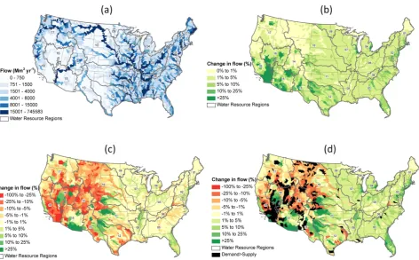 Fig. 4. 1981–2000 mean annual ﬂow (Mmdemand in black areas in3 yr−1) assuming no net surface water withdrawals and no impervious cover (a), and change inmean annual ﬂow due to 2010 impervious cover (b), 2005 withdrawals (c), and both 2010 impervious cover 