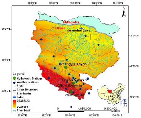 Fig. 1. The Heihe river basin with DEM, rivers, hydrological, lakesand weather stations indicated