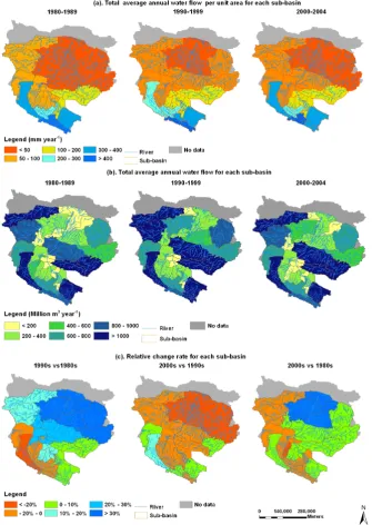 Fig. 3. The total amount of water ﬂow (the best simulation and long term average annual values) and its relative change rate in the Heiheriver basin.