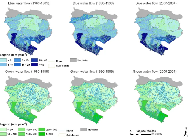 Fig. 5. The green/blue water ﬂows (the best simulation and long term average annual values) per unit area (mm yr−1) from the 1980s to the2000s in the Heihe river basin.
