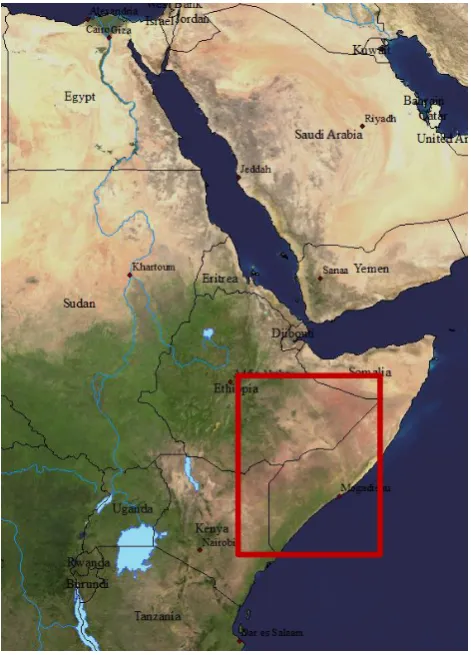 Fig. 1. Selected area of interest within the Horn of Africa (40.625,48.125, −3.125, 9.375) [W, E, S, N].