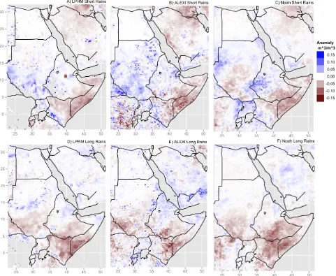 Fig. 4. Seasonal anomalies averaged over the 2010 short rains (A–C) and 2011 long rains (D–F) for LPRM (A, D), ALEXI (B, E) andNoah (C, F)