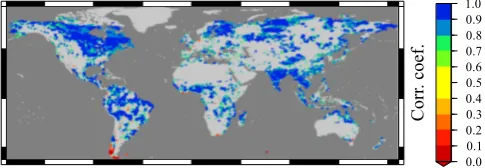Fig. 10. Correlation coefﬁcient of the temporal correlation betweenSIND and MPI-HM wetland extent climatologies