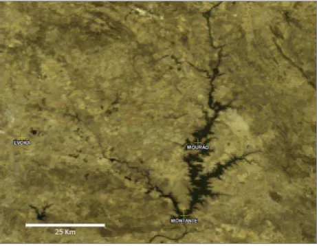 Figure 1. MERIS image showing Alqueva reservoir location and position of the sites used in the  ing water, and vegetation or soil surface) according to the MERIS image showing Alqueva reservoir location and posi-neighbouring pixel classiﬁcations (Potes et al., 2011).
