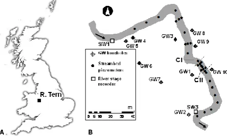 Fig. 1. (A): ﬁeld site location in the UK and (B): experimental de-sign at the River Tern with groundwater boreholes (GW), surfacewater gauges (SW) and the streambed piezometer network