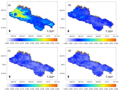 Fig. 9. This ﬁgure shows the basin scale 10 cm soil moisture RMSE values for open loop simulations (a) and three assimilation strategies of1 observation used (1 Obs) (b), 5 observations used (5 Obs) (c) and 9 observations used (9 Obs) (d) in case of 70 % observational coverage.