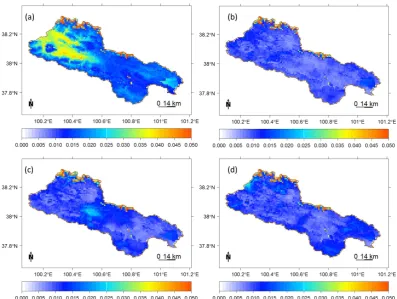 Fig. 10. This ﬁgure shows the basin scale 10 cm depth soil moisture RMSE values for open loop simulations (a) and three assimilationstrategies of 70 % observational coverage (b), 47 % observational coverage (c) and 31 % observational coverage (d) for the 5 Obs strategy.