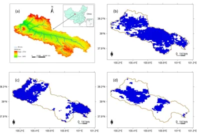 Fig. 1. Babaohe digital elevation model (DEM) (a) and the masks with 70 % (b), 47 % (c) and 31 % (d) observational coverages used in dataassimilation.