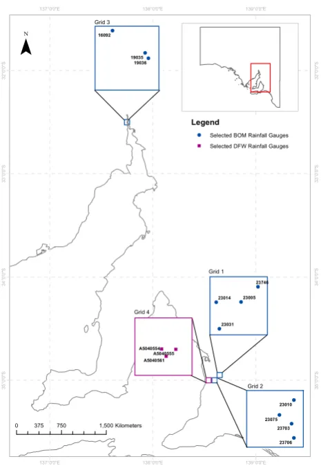 Fig. 3. Location of selected grids in SA which encompass multipleBOM (Grids 1, 2 and 3) and DFW (Grid 4) rainfall gauges.
