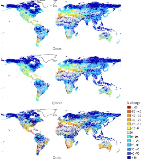 Fig. 3. Maps showing the multi-model ensemble average percent-age change (%) in the hydrological parameters annual maximum,minimum and mean discharge for the emission scenario A1B rela-tive to the 20C3M control experiment.