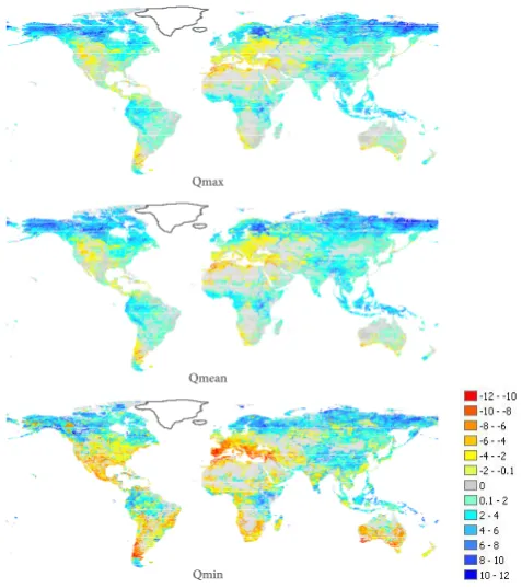 Fig. 6. Map showing the number of months change in the timingof peak discharge occurrence calculated by taking the mode of theensemble of timings calculated for the twelve individual GCMs forthe scenario A1B relative to to 20C3M control experiment.