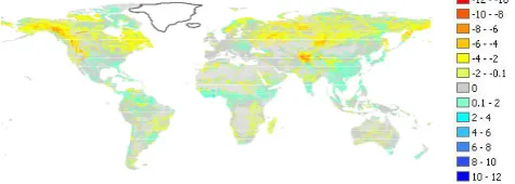 Fig. 8. Maps showing the number of models projecting change intiming of the annual cycle consistent with the ensemble mean di-rection of change of timing