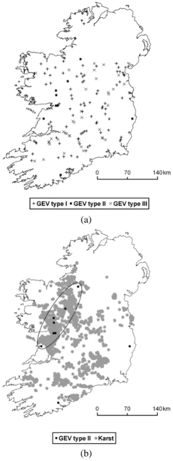 Fig. 5. Spatial variation of GEV distributions in Irish river catch-ments (a)by karst terrain in West of Ireland  Spatial variation of GEV distribution in Irish river catchments (a) and cluster of GEV  and cluster of GEV type II distributions in area underlain (b).
