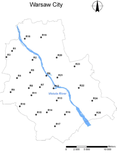 Fig. 1. Location of rain gauges used in study in Warsaw, Poland.