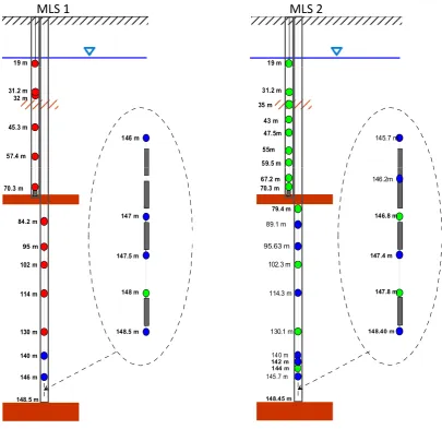 Fig. 3. Depth in meters below ground level (m b.g.l.) showing the positioning of the multilevel sampling (MLS) units in the two campaigns.Blue – 1 cell per depth (major ion and trace element analysis), green – 2 cells per depth and red – 3 cells per depth 