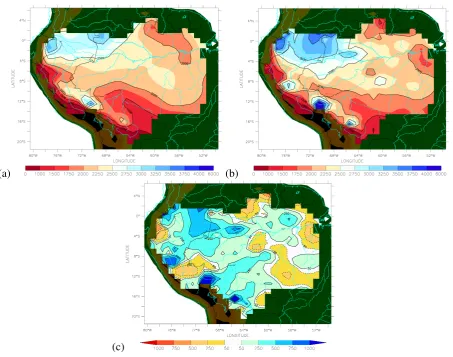 Fig. 3.Fig. 3. Precipitation (mm yr Precipitation (mm yr−1) over the Amazon River basin from−1 ) over the Amazon River basin from (a) NCC and (b) (a) ORE HYBAM