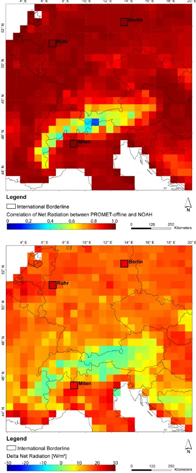 Fig. 3. Correlation (r) of net radiation between PROMET-ofﬂineand NOAH for daily mean values (upper left) and difference plotof annual mean net radiation between PROMET-ofﬂine and theNOAH-LSM, scaled to the MM5 spatial resolution (lower left).