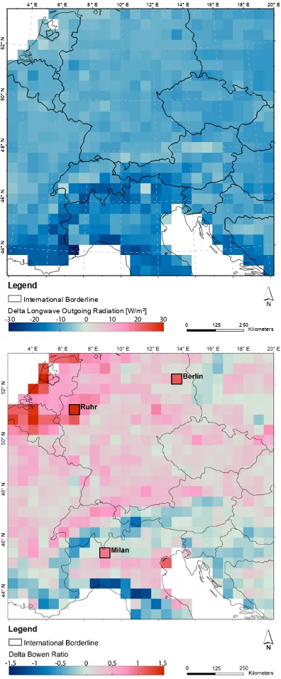 Fig. 5.Difference plot of annual mean longwave outgoingradiation between PROMET-ofﬂine and the NOAH-LSM (up-per) and difference plot of annual mean Bowen ratio betweenPROMET-ofﬂine and the NOAH-LSM (lower), each scaled to theMM5 spatial resolution.