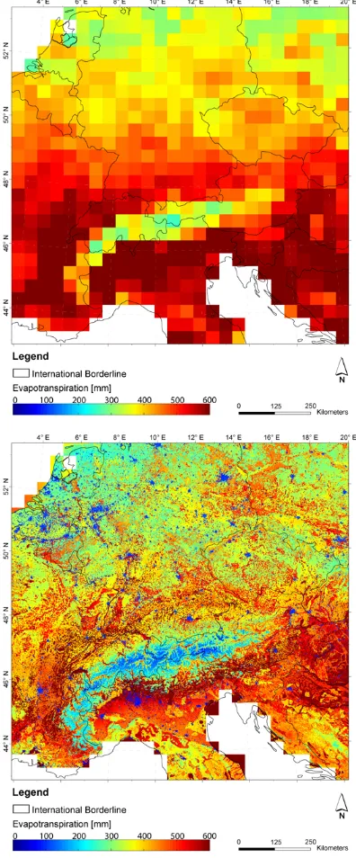 Fig. 7. Difference plot between PROMET-ofﬂine and NOAH-LSMshowing the annual mean evapotranspiration.