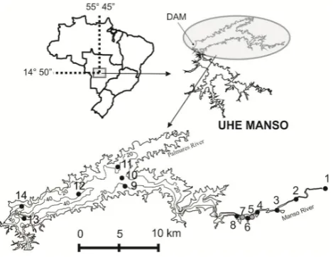 Figure 1: Study area and bathymetry of Manso reservoir with contours at 20-m intervals
