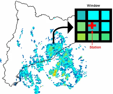 Fig. 3. Radar window example. Square window of 3×3 pixel di-mension is centered over a rain gauge (red cross).
