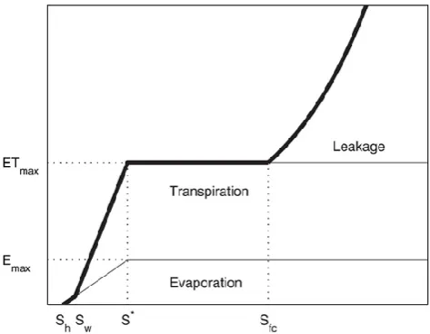 Fig. 2. Loss functionssoil saturation, E(s), T (s), and L(s) as average degree of s, changes in the bucket model due to evaporation,transpiration, and leakage (redrawn from Guswa et al., 2002).