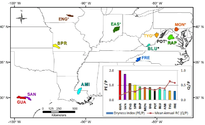 Fig. 3.  Location of study sites and their aridity index and runoff coefﬁcient for the period 1990–1999