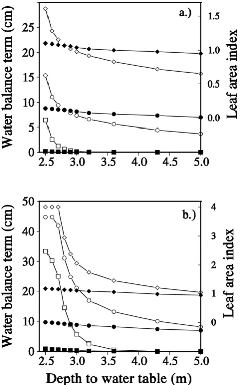 Fig. 5. Leaf area index (diamonds), transpiration (circles) and cap-illary rise (squares) simulated by compensated (Eqs