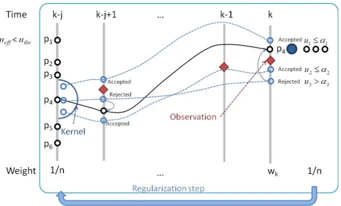 Fig. 3. Particle traces in the regularization step under the lagged ﬁltering approach.