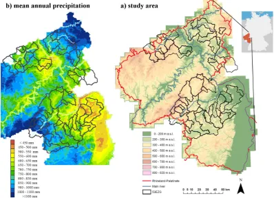 Fig. 1. Study area: (a) 53 catchments in Rhineland-Palatinate, Germany and (b) mean annual precipitation 1993 to 2008