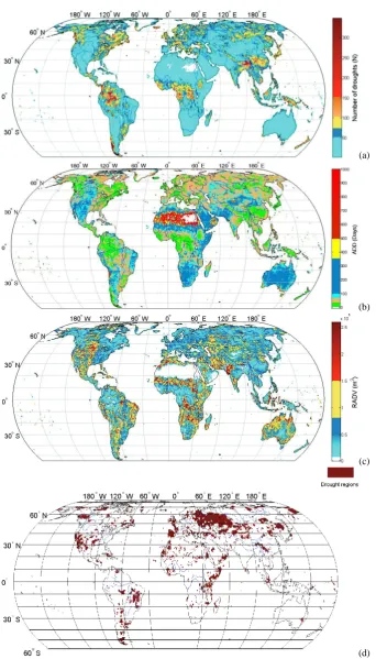 Fig. 6. Hydrological drought characteristics derived from the subsurface runoff simulated with the WaterGAP model