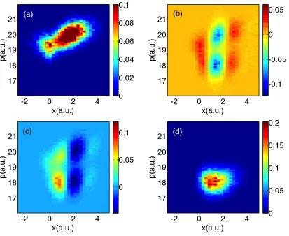 Figure 2.2: FSSH data for Tully #1. The densities are plotted in phase space at time1590 a.u., (a) top-left A11; (b) top-right Re(A12); (c) bottom-left Im(A12); and (d)bottom-right A22.