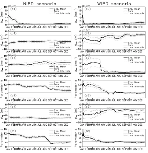 Fig. 5. Same as in Fig. 2 but for three sets of dual-parameter estimation experiments, which areset; (a1), (a2), (b1), (b2) for ksat and ψsat (c1), (c2), (d1), (d2) for ksat and b set; and (e1), (e2), (f1), (f2) for ψsat and b set, in both NIPD and WIPD scenarios with mutuallyindependent parameter perturbations.