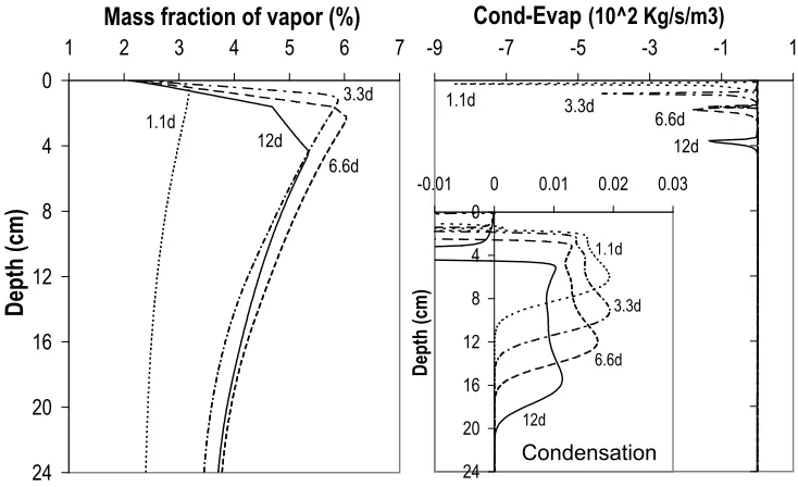 Fig. 5. Computed proﬁles of vapor mass fraction and evaporation (negative)/condensation (positive) rates for four different times