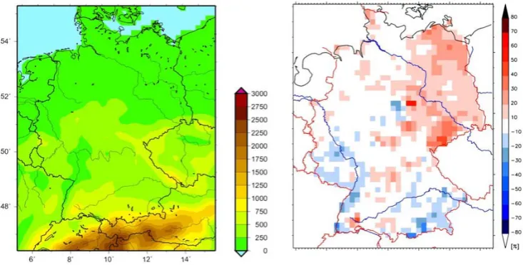 Fig. 1. Terrain elevation (left), and bias of mean annual total precipitation for the RCM (MM5) with respect to the DWD reference data set[%] (Kotlarski et al., 2005) (right).